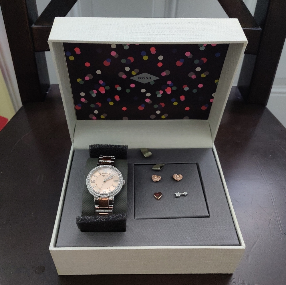 🌼 Fossil Rose Gold and Silver Watch Earrings Set